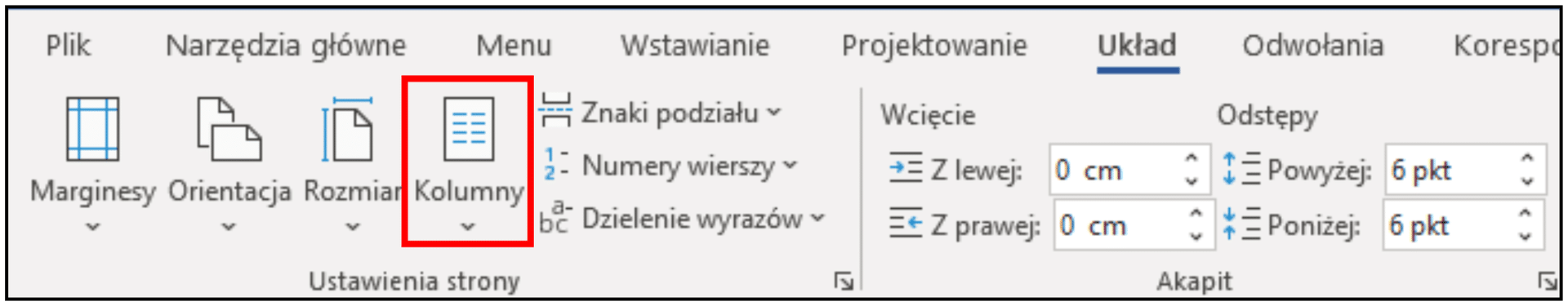 Zrzut ekranu. Karta „Układ”, narzędzie „Kolumny” umożliwia tworzenie „prawdziwych kolumn” w dokumencie