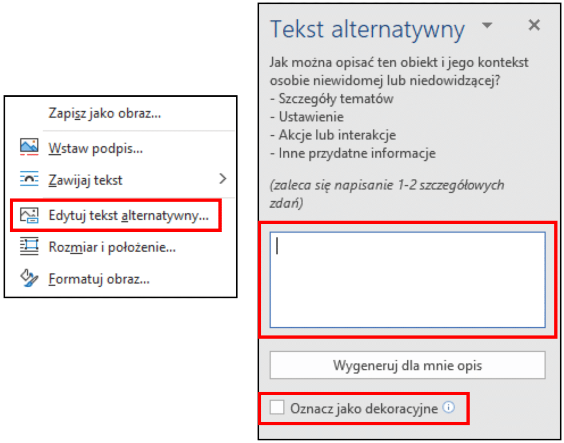 Zrzut ekranu. Opcję „Edytuj tekst alternatywny” w menu kontekstowym obrazu otwiera okno do wprowadzenia opisu alternatywnego dla obrazu lub jego oznaczenie jako elementu dekoracyjnego.