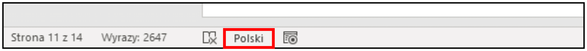 Zrzut ekranu. Bieżący język dokumentu wyświetlany jest na pasku stanu edytora MS Word. Kliknięcie na nazwę języka  wyświetli okno „Język” umożliwiające ustawienie języka dla zaznaczonego fragmentu.