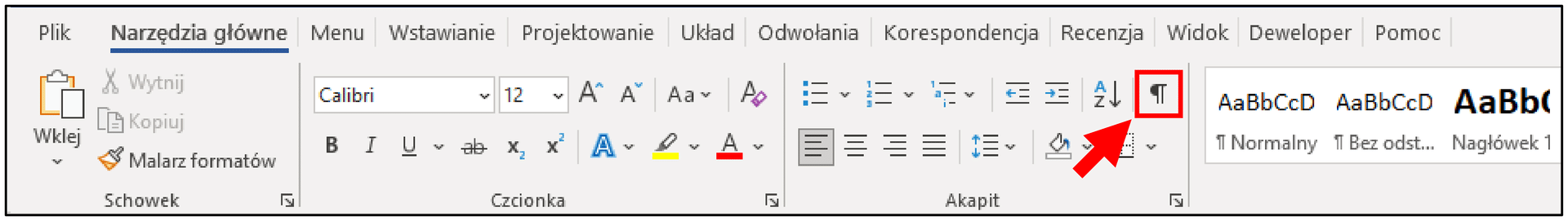 Zrzut ekranu. Włączenie / wyłączenie podglądu znaków formatowania.