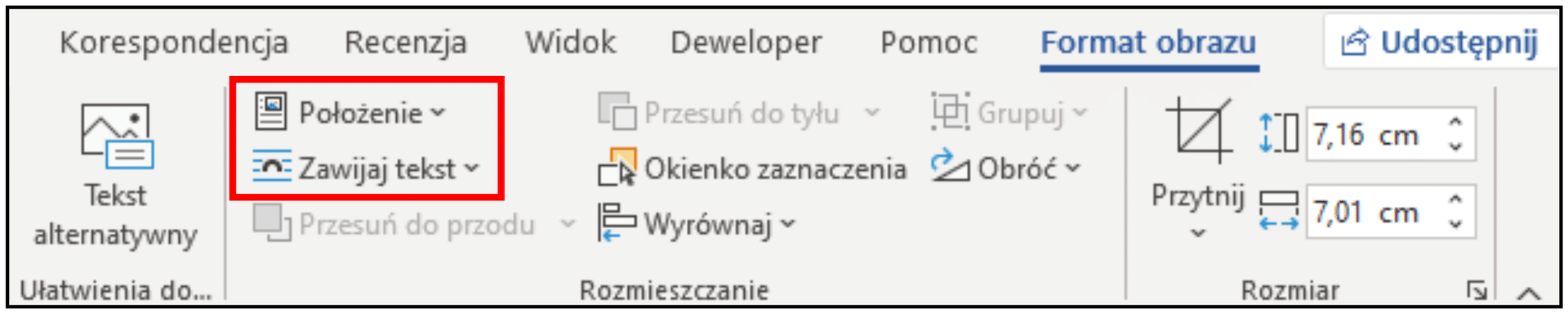 Zrzut ekranu. Karta „Format obrazu”, grupa „Rozmieszczenie” zawiera narzędzia zmieniające sposób 