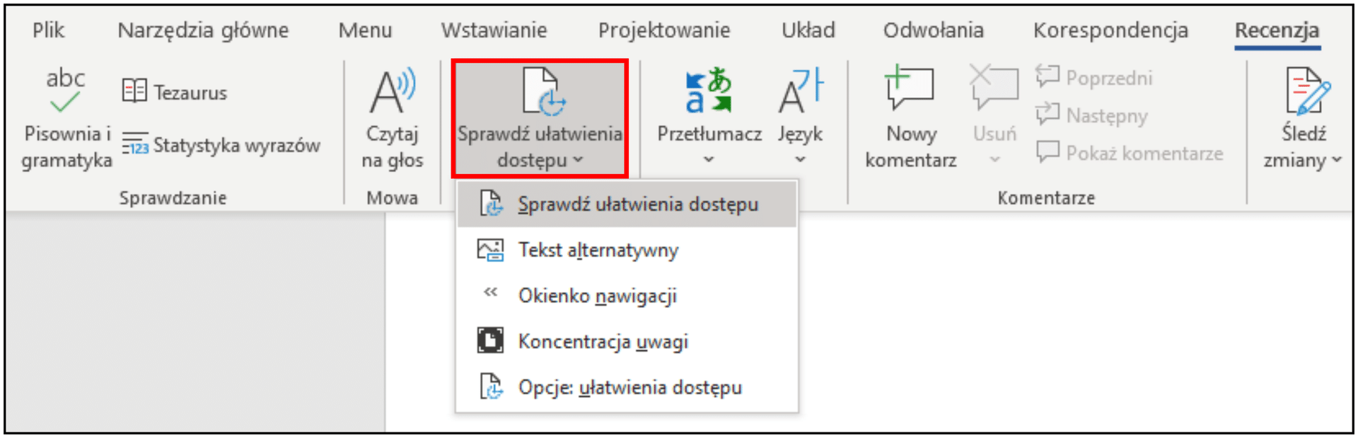 Zrzut ekranu. Karta „Recenzja”, grupa „Ułatwienia dostępu”, opcja „Sprawdź ułatwienia dostępu” uruchamia narzędzie inspekcji dokumentu w celu identyfikacji błędów dostępności. Wyniki wraz z dodatkowymi wskazówkami wyświetlane są w oknie „Ułatwienia dostępu”.