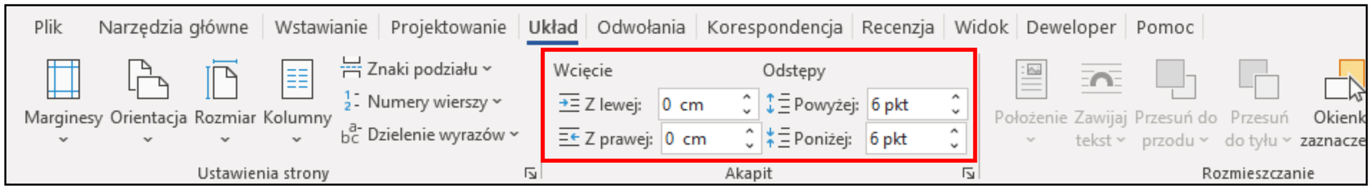 Zrzut ekranu. Ustawienie odstępów akapitu na wstążce „Układ”. 