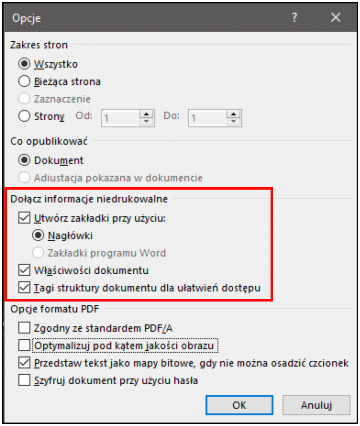 Zrzut ekranu. Okno „Opcje” dla zapisywania do formatu PDF umożliwia dołączenie do dokumentu PDF elementów zapewniających dostępność dla czytników ekranu.