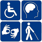 Logotypy 4 niepełnosprawności: ruchowej, słuchu, wzroku, problemów natury psychologicznej