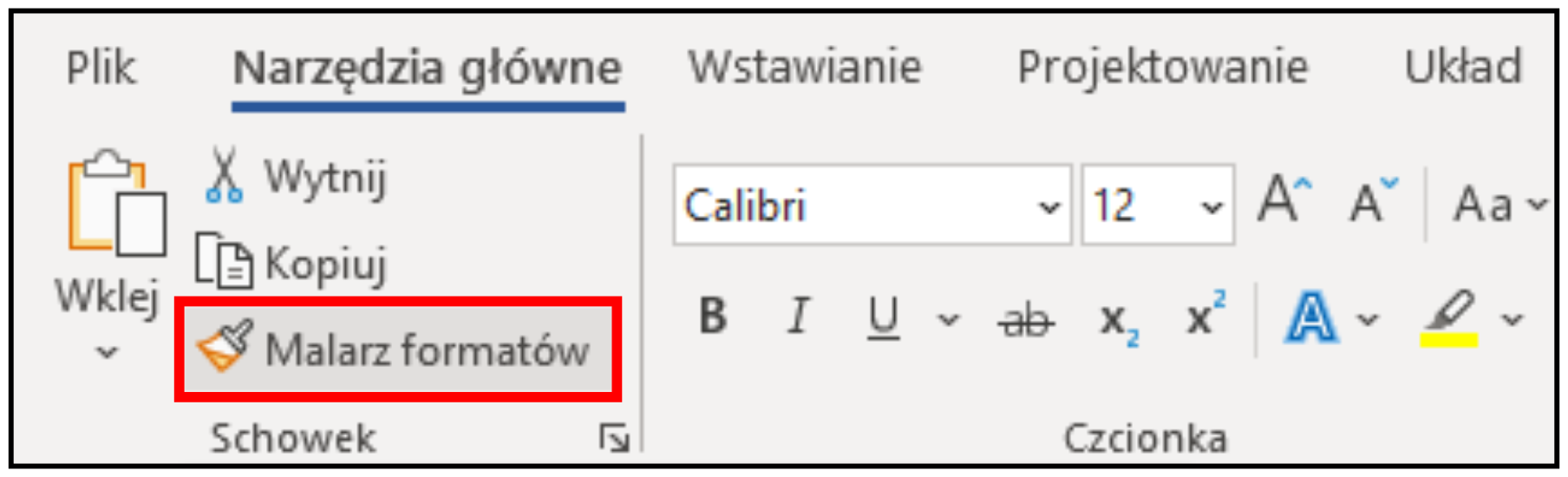 Zrzut ekranu. Narzędzie „Malarz formatów” umożliwia kopiowanie i wklejanie cech wyglądu. Innym sposobem używania tego narzędzia są skróty klawiaturowe Ctrl+Shift+c oraz Ctrl+Shift+v.