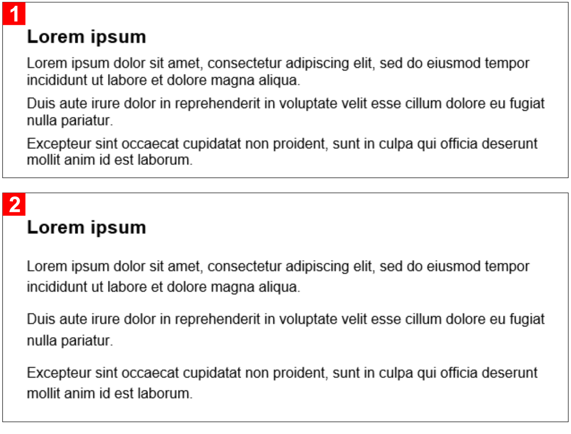 Zrzut ekranu. Akapity tekstowe, z odległościami między akapitami 150%: [1] interlinia 1 (100%), [2] interlinia 1,25, (125%).