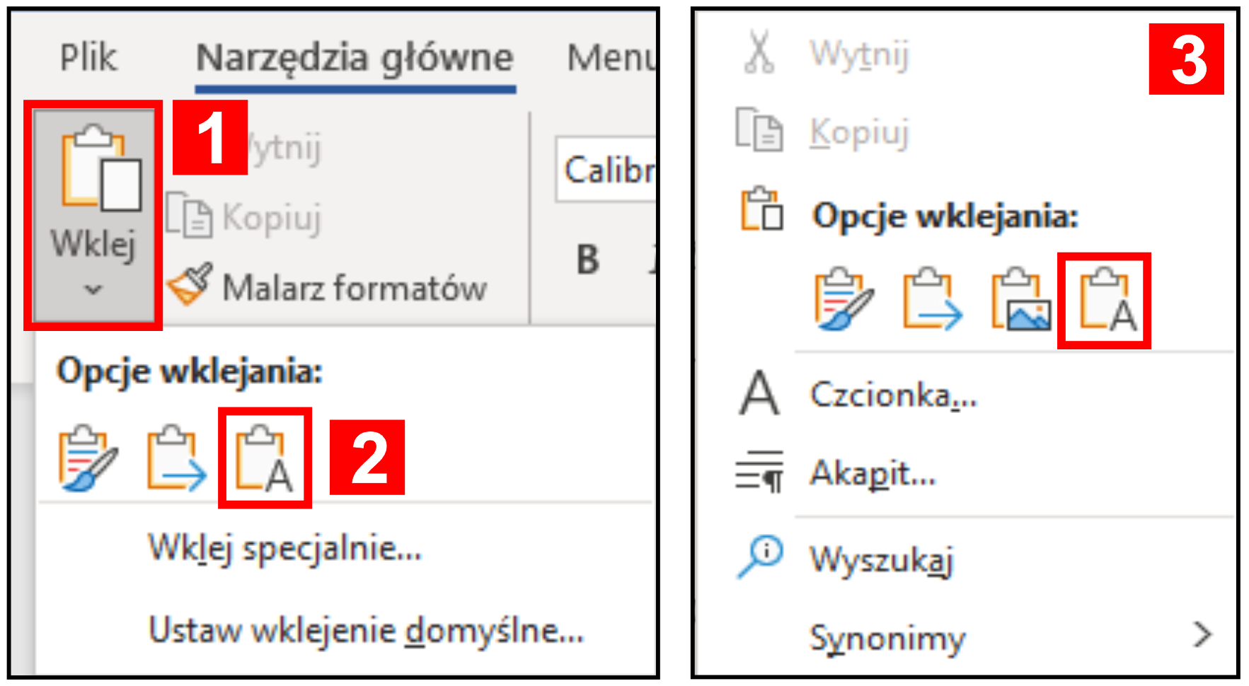 Zrzut ekranu. Aby uniknąć wklejania w dokumencie zewnętrznego formatowania wraz z wklejanym tekstem, należy [1] rozwinąć strzałką opcje wklejania na karcie „Narzędzia główne” i [2] wybrać opcję „Zachowaj tylko tekst”. [3] Ta sama opcja dostępna jest także bezpośrednio w menu kontekstowym prawego przycisku myszy.