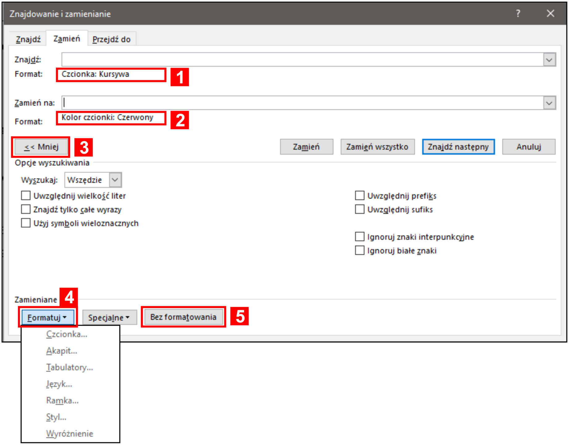 Zrzut ekranu. Narzędzie „Znajdowanie i zamienianie” (Ctrl+H) umożliwia stosowanie cech wyglądu jako kryterium [1] wyszukiwania i/lub [2] zamiany. Przyciskiem [3] „Więcej/Mniej” można uzyskać dostęp do większej ilości opcji wyszukiwania. [4] Przycisk „Formatuj” umożliwia zastosowanie dowolnej cechy wyglądu, także styli. [5] Przycisk „Bez formatowania” umożliwia wyczyszczenie cech wyglądu z okna „Znajdź” lub „Zamień na”, zależnie w którym z nich ustawimy kursor. Na zrzucie okno zamiany umożliwia znalezienie wszystkich fragmentów oznaczonych kursywą i dodatkowe ich wyróżnienie kolorem czerwonym.