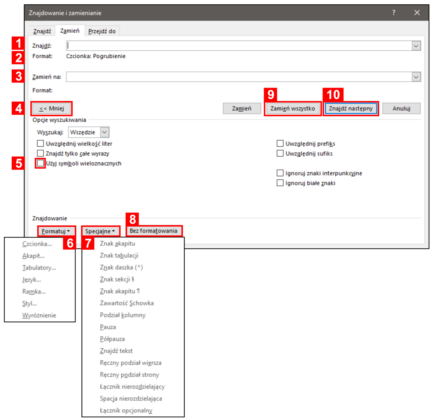 Zrzut ekranu. Narzędzie „Znajdowanie i zamienianie”. [1] Pole „Znajdź” umożliwia podanie ciągu znakowego, symboli lub cech formatowania jako poszukiwanych warunków. [2] Pod polem „Znajdź” (i analogicznie dla pola „Zamień na”) wyświetlane są informacje o nałożonych warunkach formatowania. [3] Pole „Zamień na” umożliwia określenie ciągu znakowego lub warunków formatowania wstawianego lub nakładanego na znaleziony ciąg. [4] Przycisk „Więcej/Mniej” rozwija lub zwija dodatkowe opcje wyszukiwania. [5] Zaznaczenie pola „Użyj symboli wieloznacznych” włącza specjalny tryb umożliwiający tworzenie wyrażeń regularnych w oparciu o specjalny zapis, zarówno do wyszukiwania wyrażeń, jak i ich przetwarzania (w polu „Zamień na”). Ten tryb zmienia znaczenie części symboli specjalnych oraz interpretuje dodatkowe znaki, np. nawiasy. Więcej informacji można znaleźć w pomocy edytora Word.  [6] Przycisk „Formatuj” umożliwia dodawanie cech formatowania do warunków wyszukiwania i zamiany. [7] Przycisk „Specjalne” udostępnia wykaz symboli specjalnych do wyszukiwania w tekście. Uwaga: włączenie trybu „Użyj symboli wieloznacznych” zmienia dostępne symbole specjalne. [8] Przycisk „Bez formatowania” czyści warunki formatowania w tym polu, w którym ustawimy kursor. Tworząc nowe wyszukiwania zawsze należy sprawdzić, czy pole „Znajdź” lub „Zamień na” nie posiadają dodatkowych warunków formatowania pozostałych z poprzedniego wyszukiwania lub zamiany.