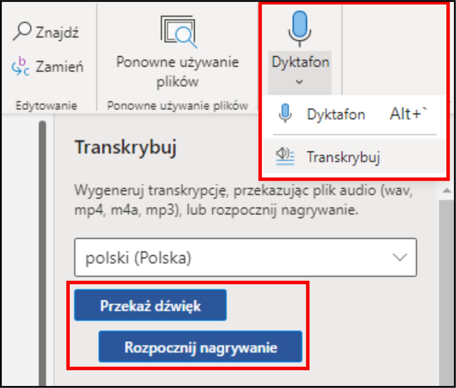 Zrzut ekranu. Aplikacja Office365 udostępnia narzędzie Dyktafon oraz Transkrybuj umożliwiające rozpoznawanie mowy do tekstu podczas dyktowania lub z nagrania.