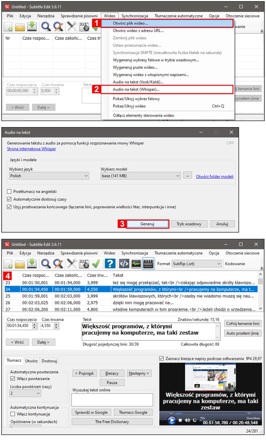 Zrzut ekranu. Rozpoznanie mowy i wygenerowanie napisów w aplikacji Subtitle Edit. [1] Najpierw należy wczytać plik Wideo → Otwórz plik wideo, a następnie [2] uruchomić narzędzie Wideo → Audio na tekst (Whisper). [3] W oknie narzędzia ustawić język (Polski), model rozpoznawania (base) i uruchomić „Generuj”. Po zakończeniu procesu rozpoznawania tekst automatycznie zostanie podzielony na napisy i umieszczony w znacznikach czasowych – możliwe będzie przeprowadzenie ich korekty. 