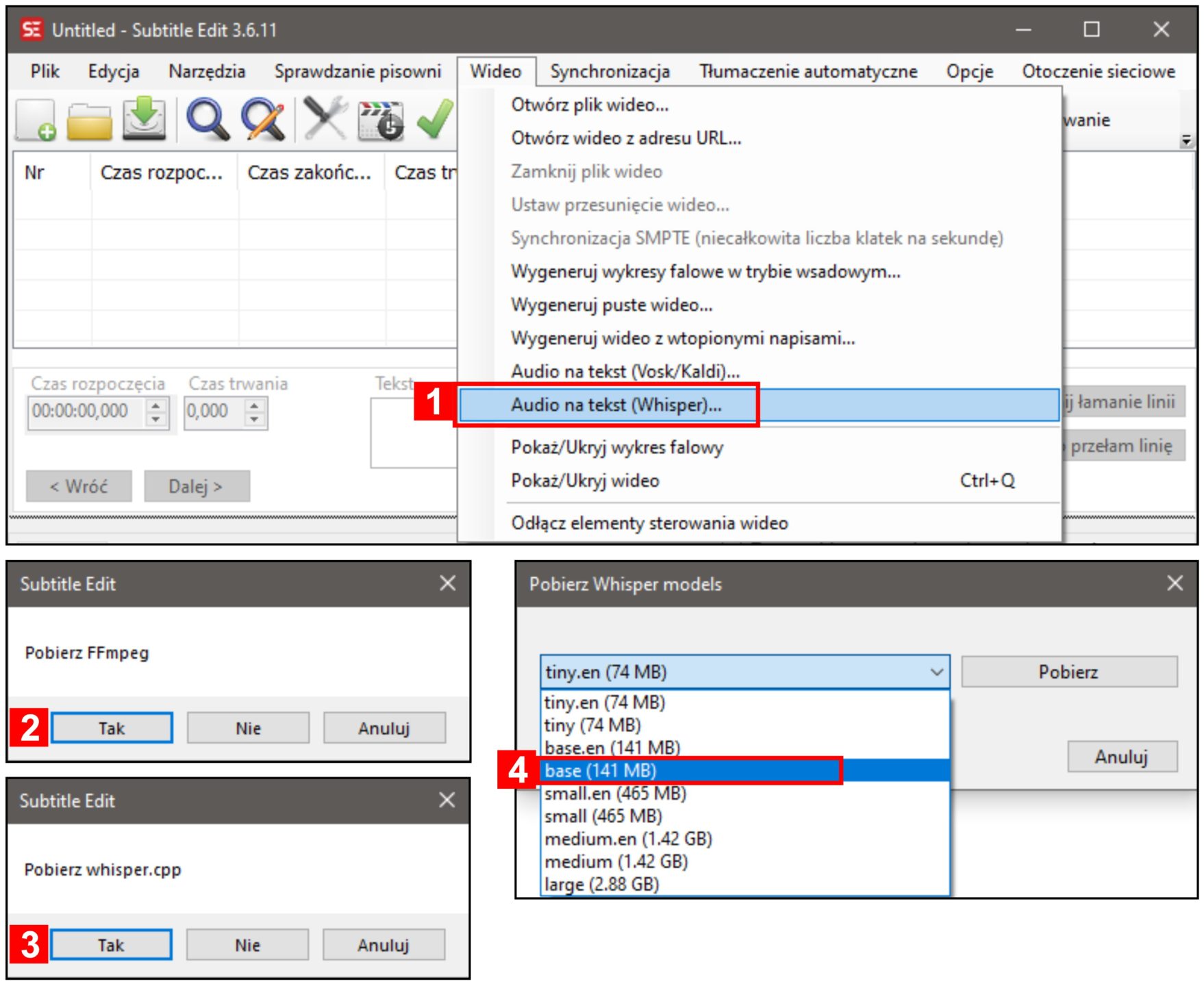 Zrzut ekranu. Instalacja narzędzia do rozpoznawania mowy w aplikacji Subtitle Edit. [1] Pierwsze wywołanie opcji Wideo → Audio na tekst (Whisper) wywoła instalację potrzebnych dodatkowych narzędzi: [2] kodeka FFmpeg, [3] narzędzia Whisper.cpp, [4] oraz tzw. modelu niezbędnego do rozpoznania mowy. Im większy model, tym czas rozpoznawania będzie dłuższy. Model bazowy (base) zapewnia optymalną jakość rozpoznawania w najkrótszym czasie. Modele z dopiskiem „en” służą do rozpoznawania mowy w języku angielskim.