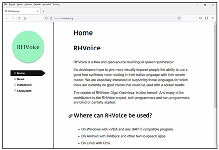 Zrzut ekranu – strona projektu RHVoice