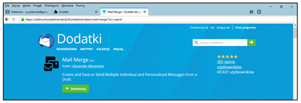 Zrzut ekranu – strona pobierania dodatku Mail Merge