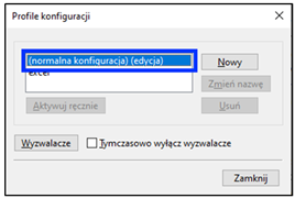 Zrzut ekranu – okno profili konfiguracji