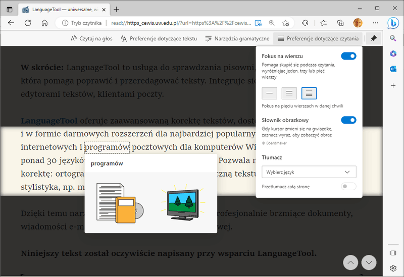 Preferencje dotyczące czytania w Edge