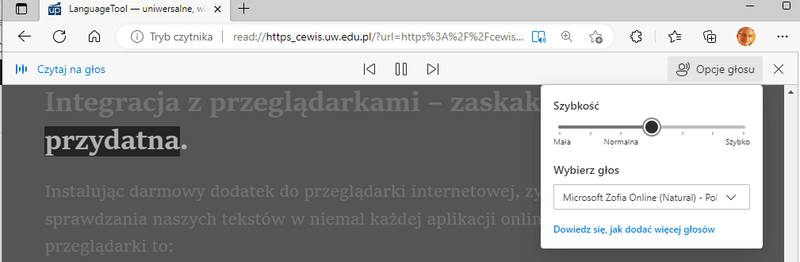 Ustawienia i wybór głosu odczytu w Edge
