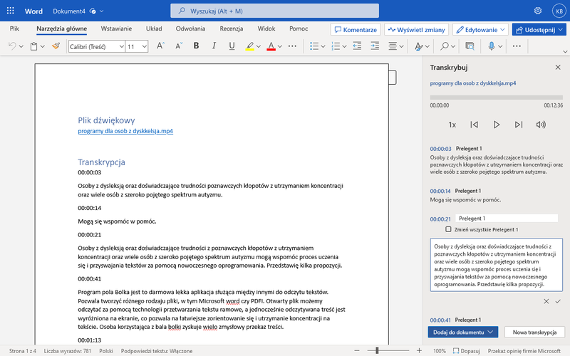 Usługa transkrypcji w Microsoft Word