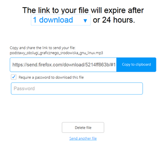 Zrzut ekranu przedstawiający formularz udostępniania linku do pliku
