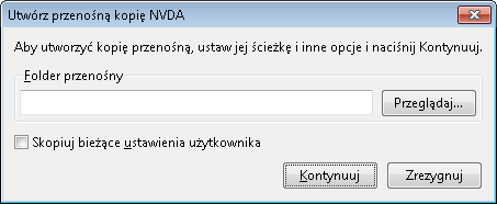 Zrzut ekranu: Okno kreatora przenośnej kopii NVDA