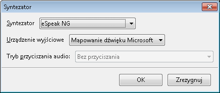 Zrzut ekranu: Okno wyboru syntezatorów mowy