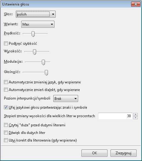 Zrzut ekranu: Okno zmiany parametrów głosu