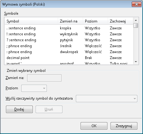 Zrzut ekranu: Okno definiowania wymowy symboli i interpunkcji