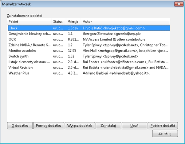 Zrzut ekranu: okno Zarządzaj dodatkami