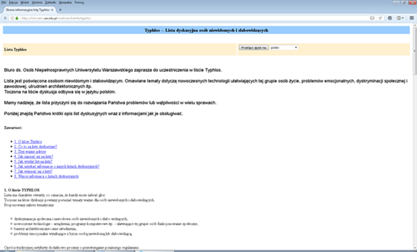 Zrzut ekranu: Strona informacyjna listy dyskusyjnej Typhlos