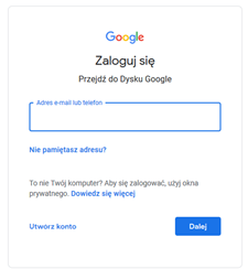 zrzut ekranu – strona logowania do Dysku Google