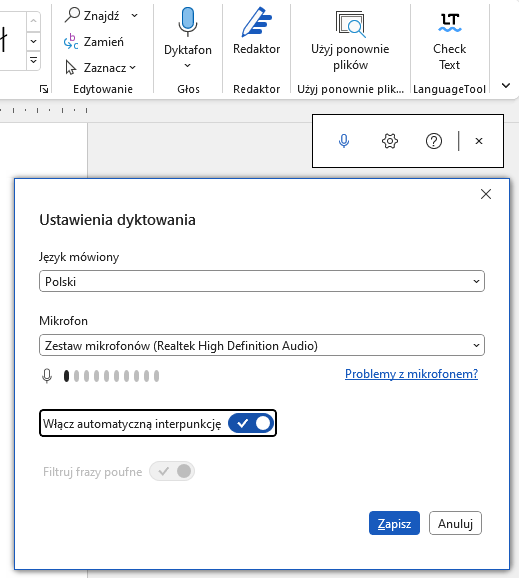 Dyktowanie w Microsoft Word