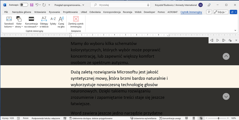 Czytnik immersyjny klasycznej aplikacji Word