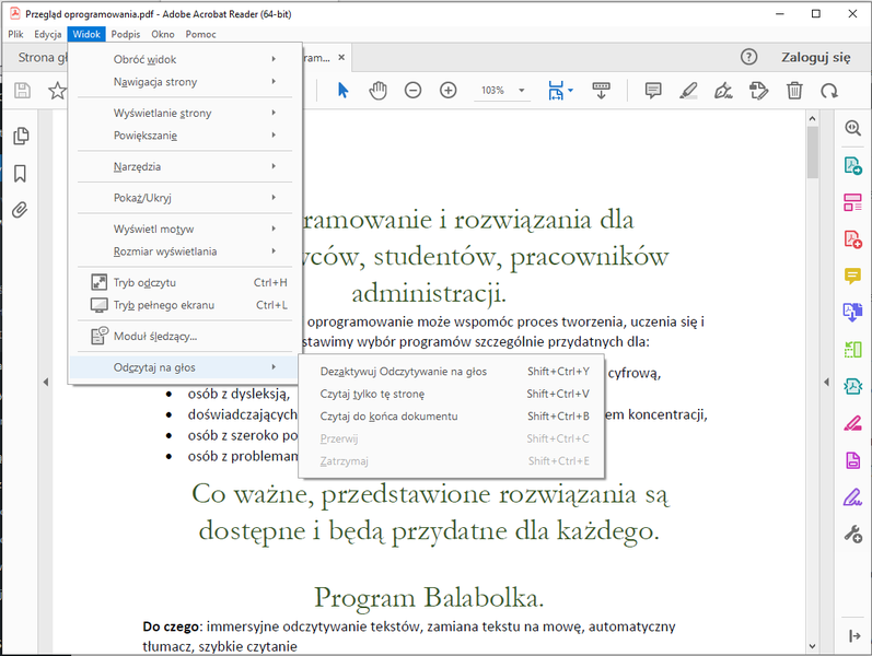 Opcje czytania w Adobe Reader