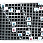 Siatka z kształtem diagramu samogłosek oraz symbolami używanymi w poszczególnych językach w formie wpinek.