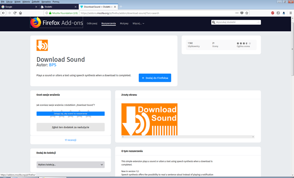Zrzut ekranu – ekran z informacjami o wtyczce „Download sound"