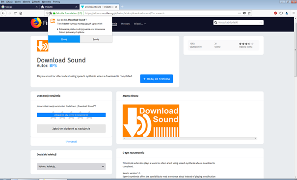 Zrzut ekranu – ekran zawiera monit o potwierdzenie dodania wtyczki do Firefoksa