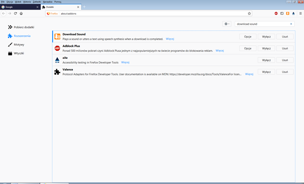 Zrzut ekranu zawierający listę zainstalowanych w przeglądarce dodatków