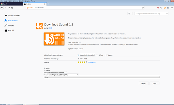 rzut ekranu zawierający opcje ustawień dodatku „Download Sound”
